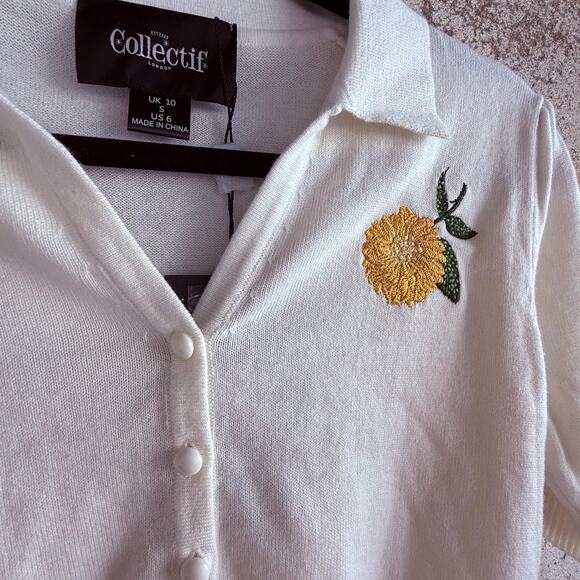 Cardigan Top Lemon Embroidered Short Sleeve Sweater Cropped Button Front Women 6 - Picture 3 of 7